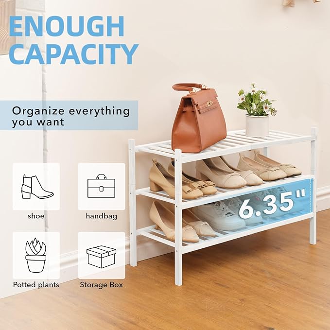 3 Tier Bamboo Shoe Rack Storage Organizer for Closet, Multifunctional Stackable Free Standing Shoe Shelf Organizer for Small 