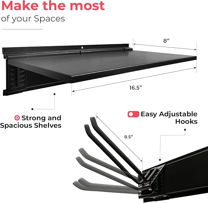 Heavy-Duty Garage Wall Storage System | Wall Mounted Tool Organizer Rack with Shelving | 10-Piece Mounting Kit | Includes 4x8