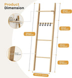 63" Bamboo Blanket Ladder with Shelf and 5 Hooks, 4 Tier Leaning Blanket Rack, Farmhouse Towel Ladder Rack, Decorative Quilt 