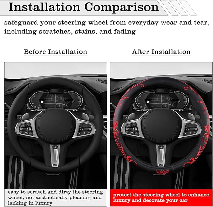 Car Leather Steering Wheel Cover - Panapi Material, Universal 14.5-15 Inch Leather Anti-Slip Breathable Auto Steering Wheel C