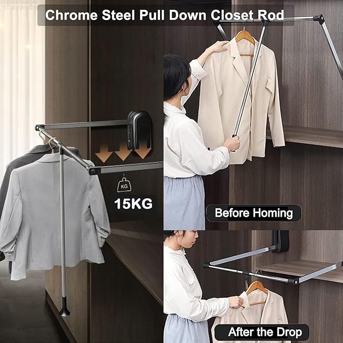 Pull Out Clothes Rail Extendable Pull Out Closet Rod - Wardrobe Pull-Out Trousers Rack, Wardrobe Pull Down Rail 890 to 1210Mm