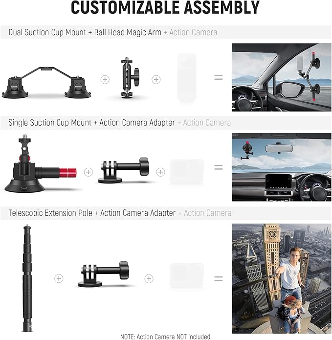 NEEWER Triple Suction Cup Car Mount Compatible with Insta360 X5 X4 GoPro DJI OSMO 360 Cameras, Quick Release Outside Windshield Magic Arm Mount Kit with 2 in 1 Extension Pole/Selfie Stick, CA065