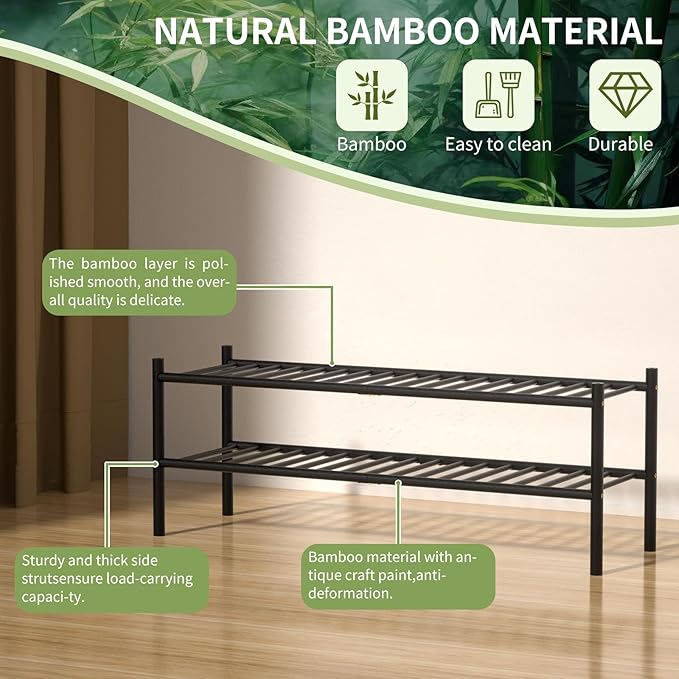 ROMGUAR CRAFT 2-Tier Bamboo Long Shoe Rack, Free Standing Wood Shoe Shelf Storage Organizer for Closet Entryway Stackable 35"