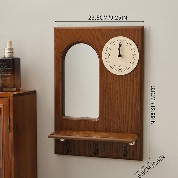 Vintage Wooden Wall Mirror with Clock & Key Holder Wall Mount - Space-Saving Hooks Design for Bedroom Entryway Decor