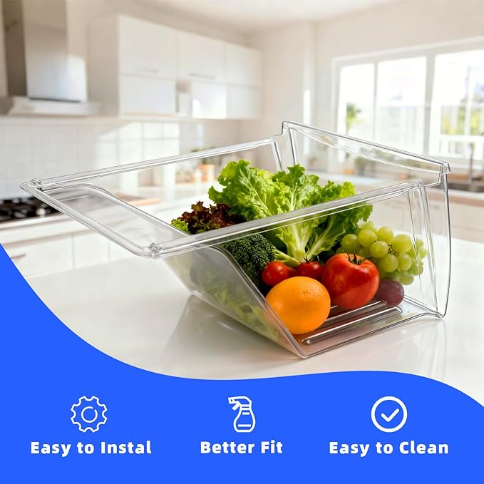 [2 PACK] Refrigerator Crisper Drawer 240337103 Replacement, Shatterproof Clear Food Storage Container with Easy Slide Install