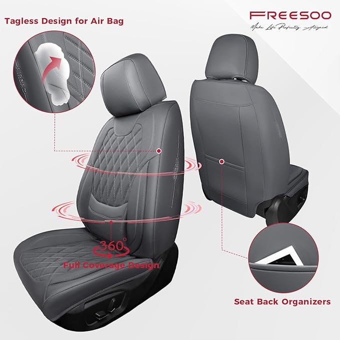 FREESOO Front Car Seat Covers - Luxury Breathable Waterproof Faux Leather Car Seat Cushion Protectors with Lumbar Support, Un