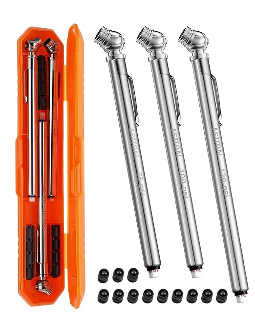 AstroAI Pencil Tire Pressure Gauge (10-75PSI,100PSI,120PSI), Valve Caps with Case, Stainless Steel Body, and Metal Made Nozzle 3 Measurements for Cars, Bikes, Vehicles