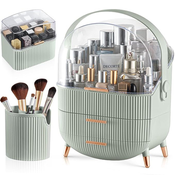 CANITORON Makeup Organizer,Skincare Organizer with 2 Drawers and Brush Storage Box,Lipstick Holder,Cosmetic Display Case for 