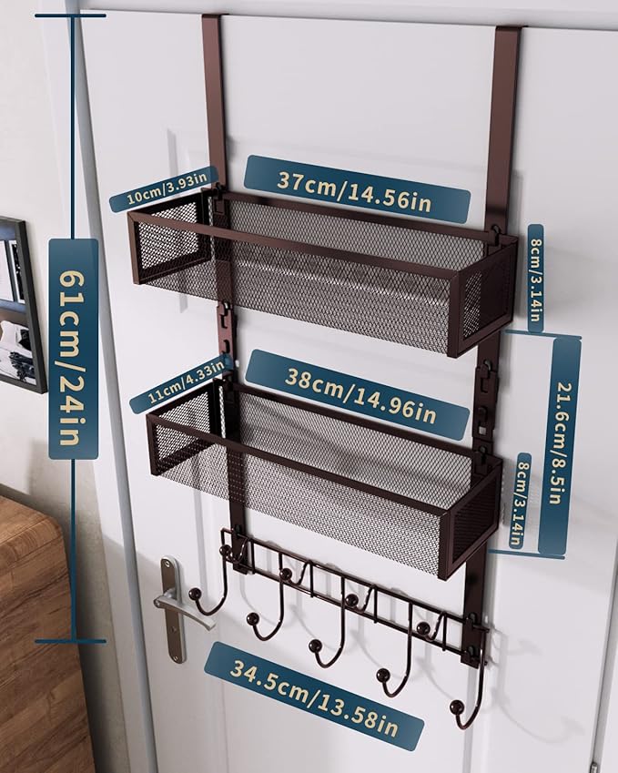 Consumest Over The Door Hooks Organizer - Extra Long Door Hanger with 9 Coat Hooks & 2 Mesh Basket, Back Storage Organizer Ha