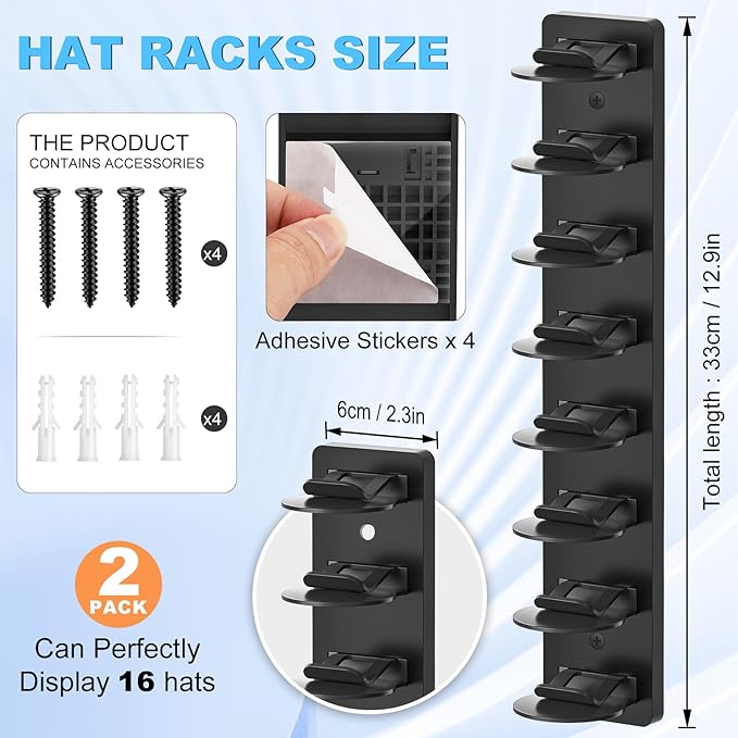 Eiito Hat Organizer for Baseball Caps, 2 Pack Strong Adhesive Hat Rack for Wall, Multilayer Hat Storage Display Holder, Wall 