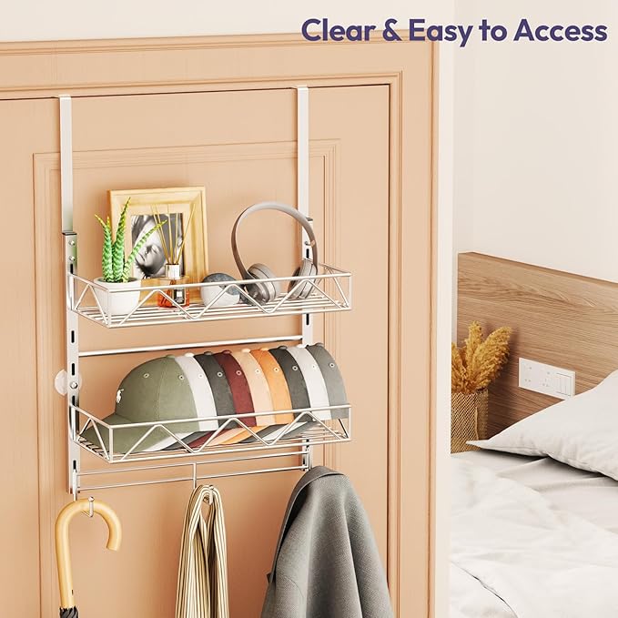 SWTYMIKI Over Door Hat Organizer - 3 Tier Wall Mounted Hat Rack with 2 Adjustable Metal Basket and 3 Hooks, Hanging Baseball 