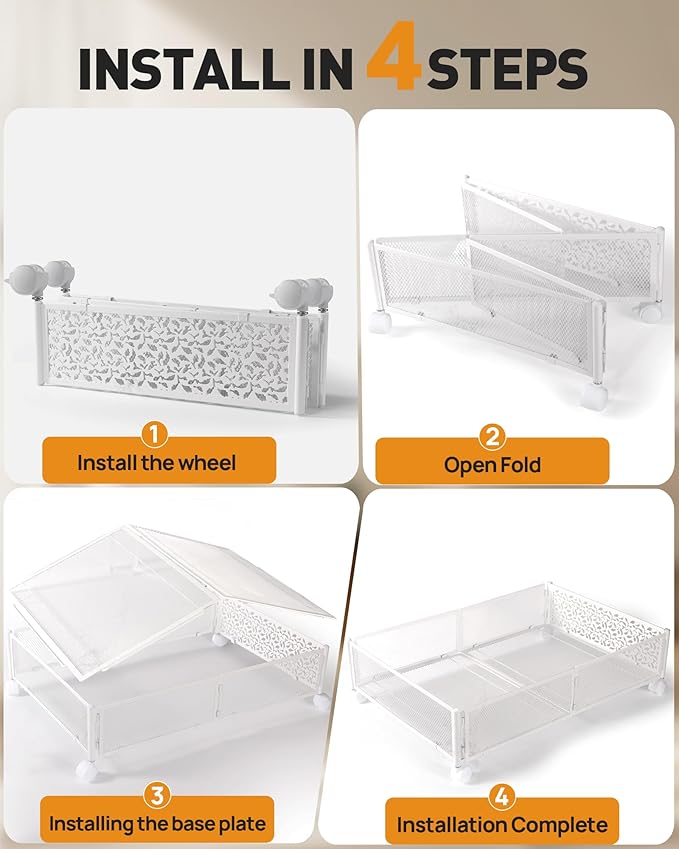 Under Bed Storage With Wheels - 60L Foldable Pattern Carved Metal Container, Rolling Underbed for Shoes, Clothes, Blankets - 