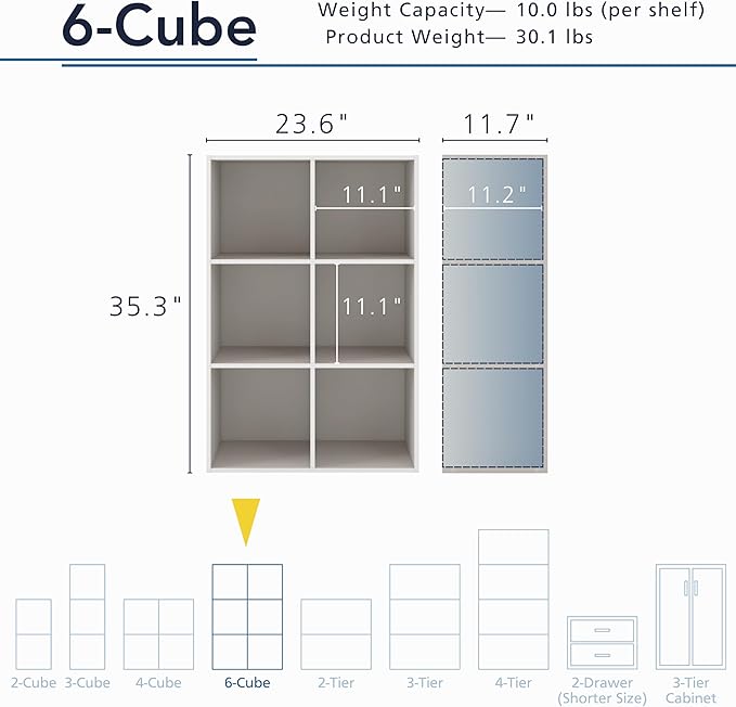 Homes: Inside + Out Apexa 6-Cube Storage Organizer Shelves, Stackable Wood Bookcase Fits Cubby Bins for Organization, Dorm Te