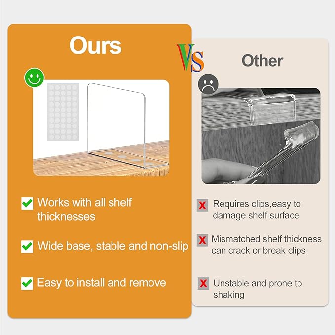 SortNStore Shelf Dividers for Closet Organization: 10" Tall x 16" Deep, Deeper Adhesive Separators Features Acrylic Material 