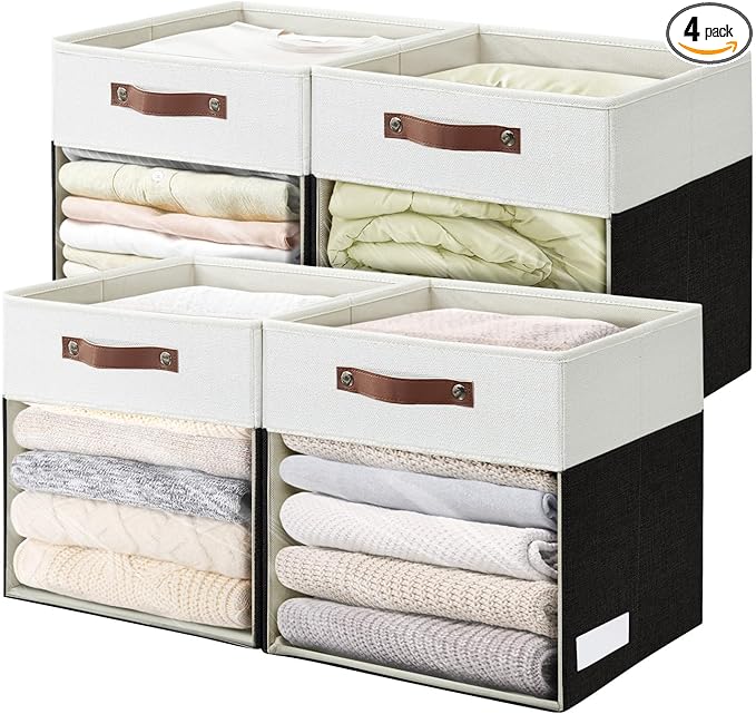 Bagnizer Storage Cubes, 4 Pack Linen Foldable Storage Bins (13 x 13 inch) with Clear Window and Handles, Fabric Organizer for
