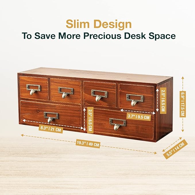 6-Drawer Vintage Desk Organizer Classic Brown Wood Storage Drawers for Tabletop - Slim Retro Style Desktop Organizing Cabinet