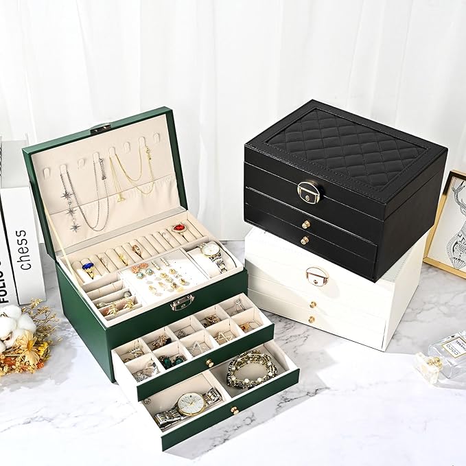 GUOER Jewelry Box for Women Girl Wife 3 Layers Large PU Leather Jewelry Organizer Storage Case with Two Layers Display for Ea