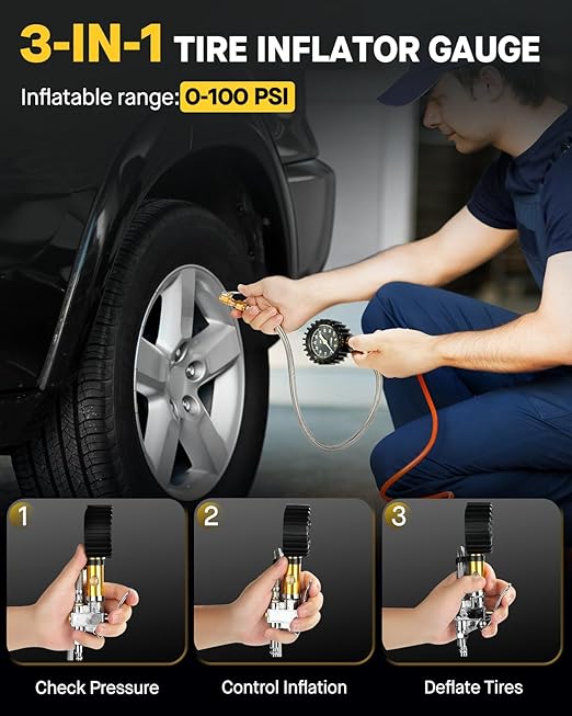 Vondior Tire Inflator with Pressure Gauge (0-100 PSI) with Large 2" Glow Dial- ANSI B40.1 Accurate, Premium Braided Hose, Durable Rubber Cover, Perfect for Car, Truck, Motorcycle, RV