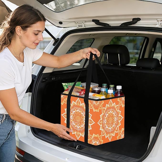 Orange Mandala Reusable Grocery Bags Large Shopping Tote Bag with Reinforced Bottom Board, Water Resistant Foldable Storage B