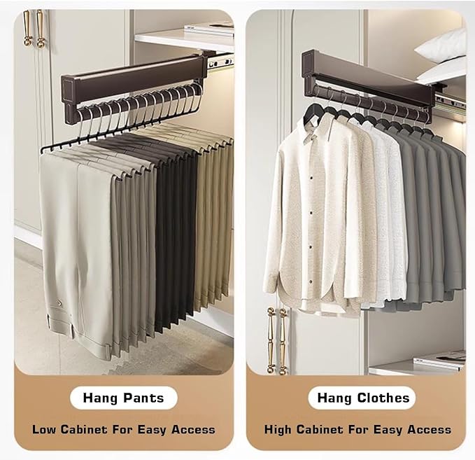 Heavy Duty Pull Out Clothes Rail, Extendable Closet Rod with 2 Sliding Tracks, Adjustable 21-60cm Clothing Hanger Rack, Suppo
