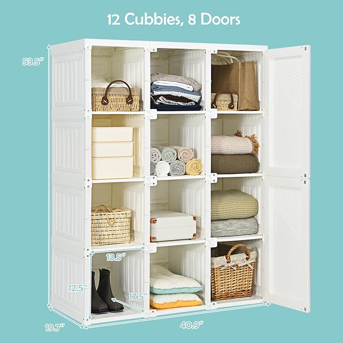 Tangkula Portable Closet Wardrobe, Foldable Clothes Organizer with Cubby Storage, Hanging Rods, Easy Assemble Clothing Storag