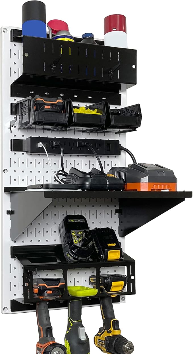 Wall Control Power Tool Storage Organizer Kit Cordless Drill Holder Charging Station Rack 16” x 32” Metal Pegboard Organizati