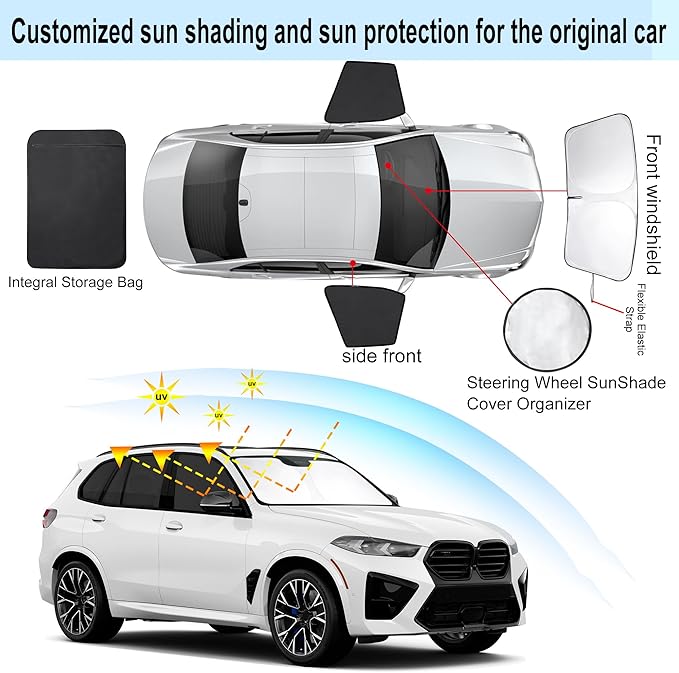 3PCS Car Window Shades Front Windshield Sun Shade Foldable Window Shade Custom Fit for BMW X5 2019-2024 Accessories Car Shades for Front Windows Anti-UV Rays Block Heat