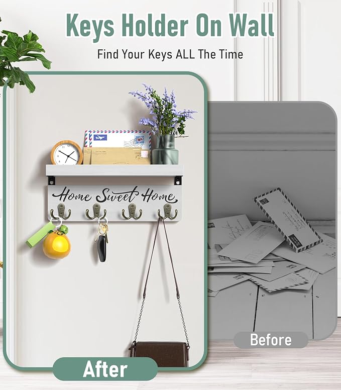 buways Wall-Mounted Key and Mail Holder, Wooden Key Rack with 4 Double Key Hooks, Rustic Home Decor for Entryway(White)