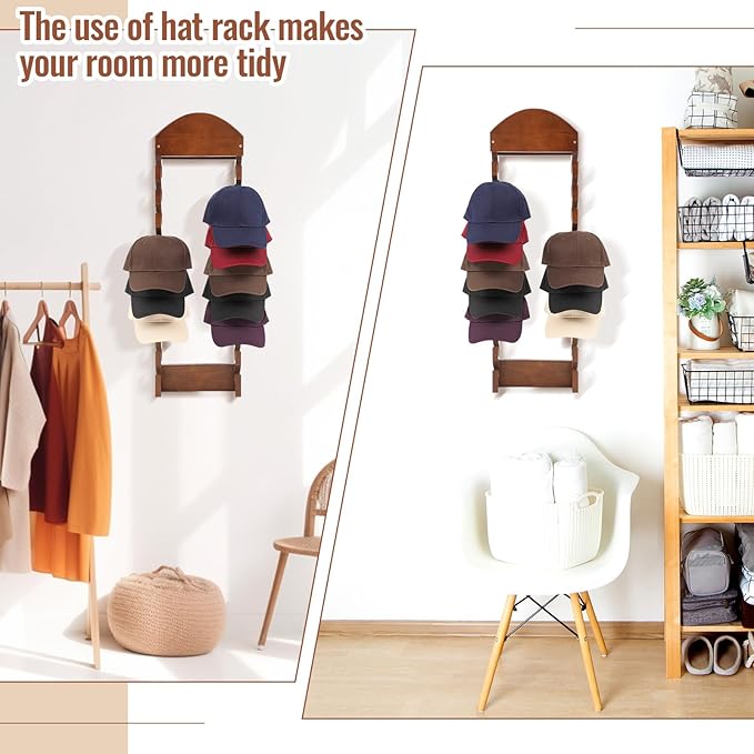 Wonderjune Wooden Hat Racks for Baseball Caps, Wall Mounted Baseball Cap Display Racks, Vertical Hat Storage Organizer, Doubl