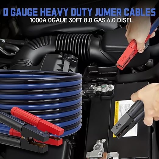 Heavy Duty Jumper Cables, 0 Gauge 30 Feet 1000AMP, Automotive Booster Cables for 12V & 24V Cars, Jump Starter for Dead or Weak Batteries, Suitable for 8L Gas & 6L Diesel, Includes Carry Bag