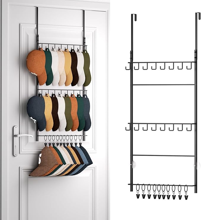 HapiRm Over Door Hat Rack - 3 Tier Wall Mounted Hat Organizer with 16 Hooks and 10 Movable Clips, Baseball Cap Organizer Stor