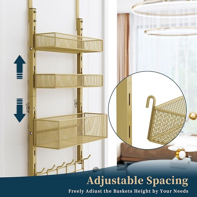 Consumest Over The Door Hooks Organizer - 4 Tier Door Coat Rack with 3 Baskets and 12 Hooks, Stainless Steel Towel Hanger for