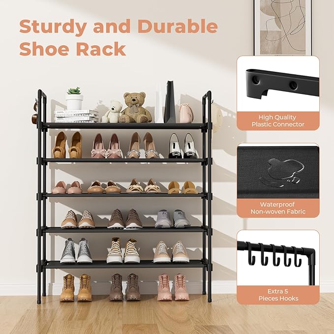 LANTEFUL 5 Tier Shoe Rack for Closet Shoe Organizer with 5 Hooks, Long Shoe Shelf Storage for Shoe and Boot Stackable Free St
