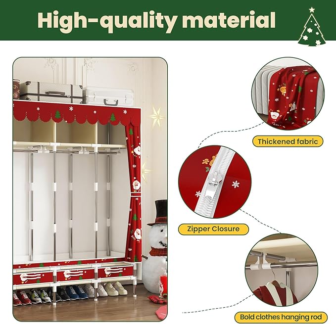 Portable Wardrobe with 4 Drawers Simple Temporary Wardrobe, Armario Portátil,New Oxford Cloth, Christmas Style (Christmas Col