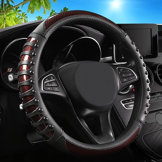 3D Massage Car Steering Wheel Cover,14.5-15 Inch Universal Brown Carbon Fibre Leather Covers Breathable Anti-Slip Odorless St