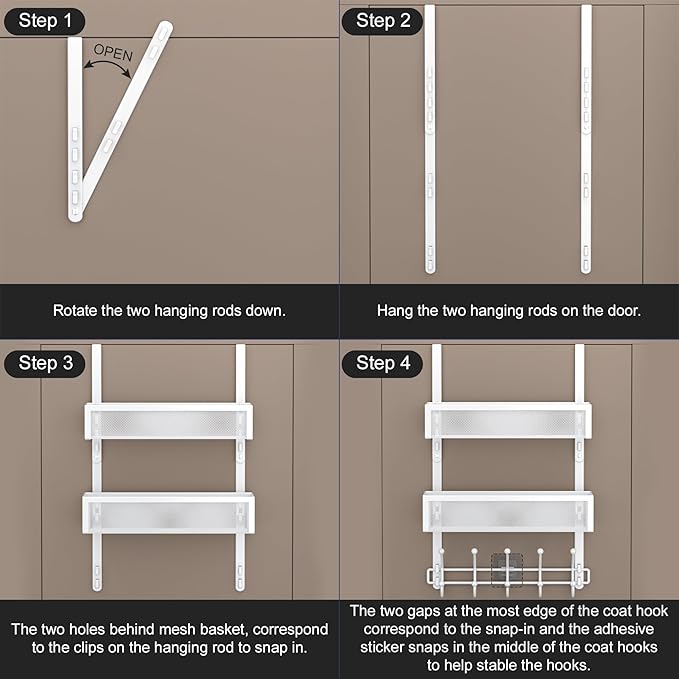 Adjustable Over The Door Hooks Organizer, Door Hanger Coat Rack with 2 Mesh Baskets and 10 Hooks, Back of Door Storage Organi