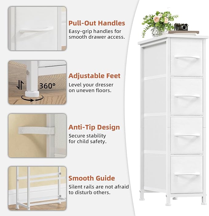 Somdot Narrow Dresser with 4 Drawers, Slim Storage Organizer Chest of Drawers with Removable Fabric Drawers for Small Spaces 