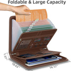 Fireproof Accordion File Organizer, Portable Expanding File Folder with Waterproof Zipper&Labels, Brown Document Organizer wi