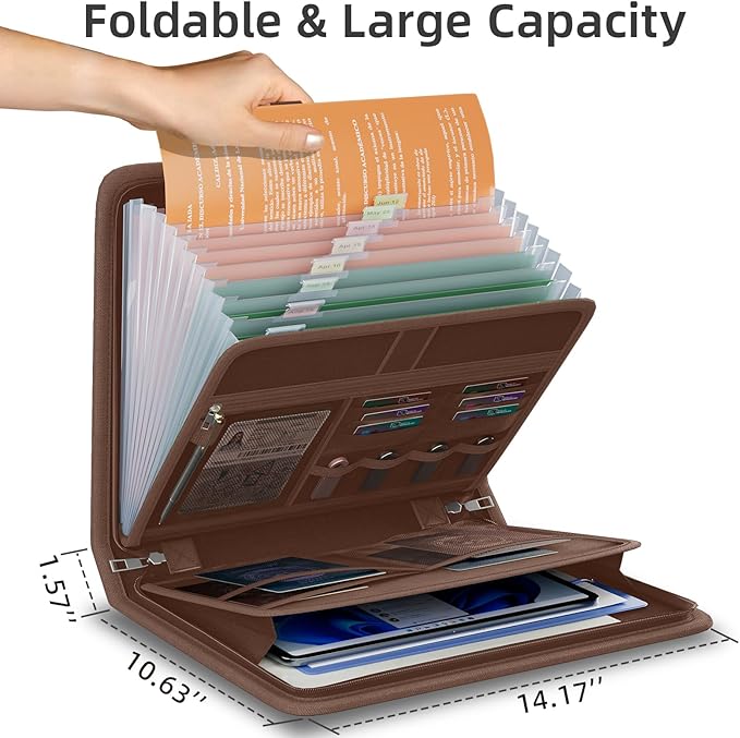 Fireproof Accordion File Organizer, Portable Expanding File Folder with Waterproof Zipper&Labels, Brown Document Organizer wi