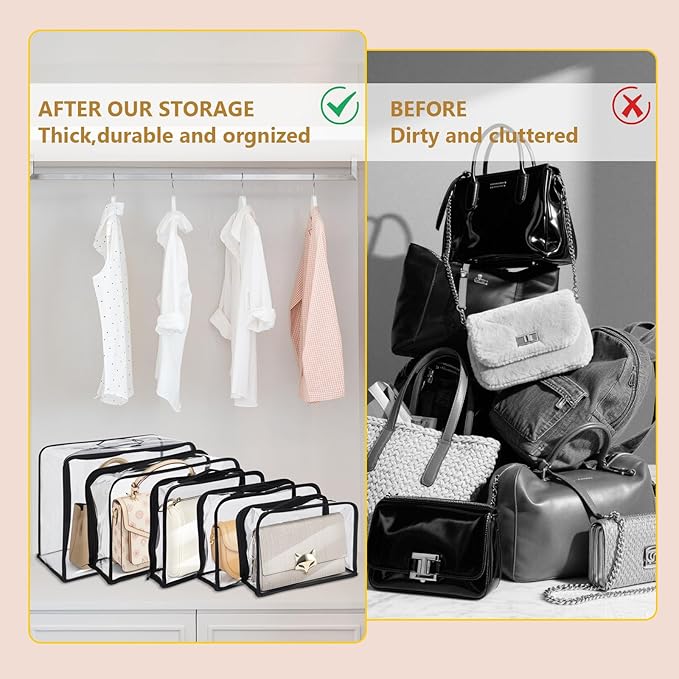 5 Pack Clear Dust Bags For Handbags,5-Sizes Purse Storage Organizers,Purse Protector Storage Bag with Zipper and Handle for c