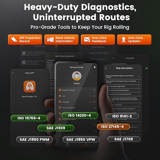 ANCEL HD120 Heavy Duty Truck Scanner with DPF Regen for Volvo & International MaxxForce Engine, Full-System HDOBD & OBD2 Diesel