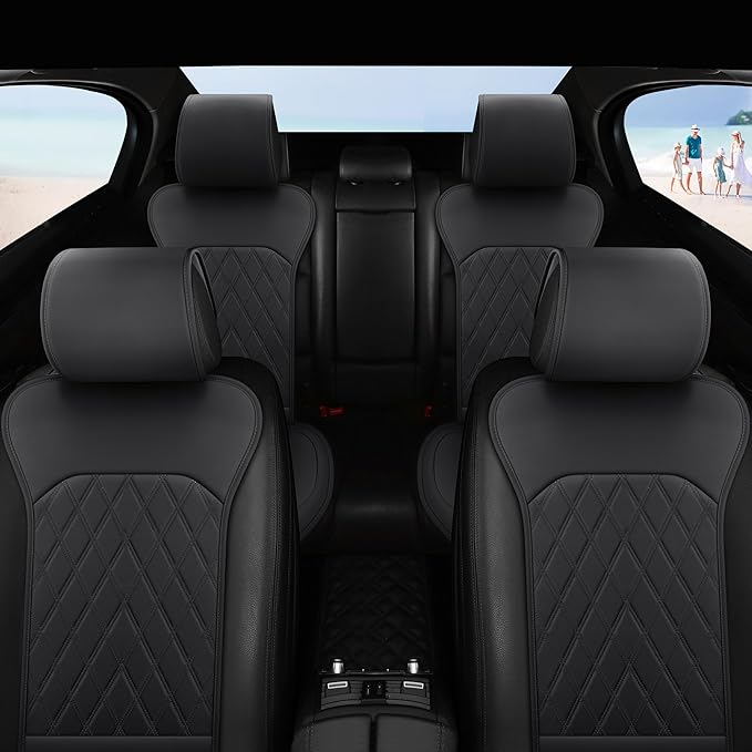 Sanwom Front Car Seat Covers - Leather Seat Covers with Storage Pocket and Two Belt Pads, Anti-Slip Waterproof Universal Seat