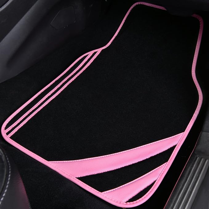CAR PASS Pink Edge Faux Leather Car Floor Mats Universal Car Carpet Mats with Double Stitch Line Anti-Slip Backing Design, fo