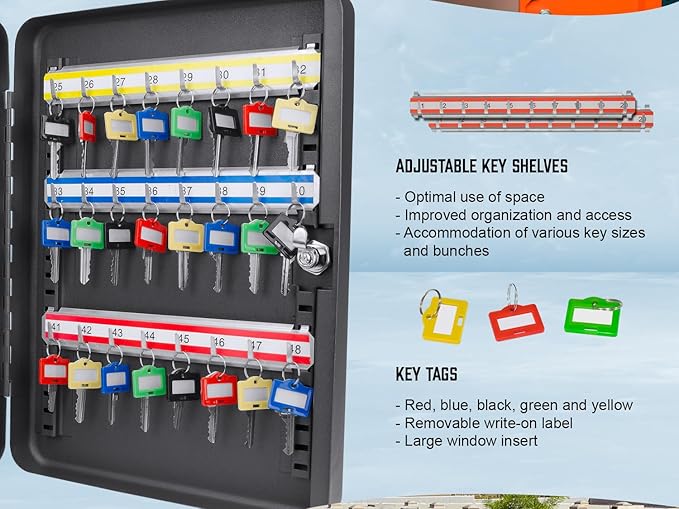 Barska 48-Position Key Cabinet Lock Box – Wall Mount with Key Lock, Adjustable Numbered Hooks & Color-Coded Key Tags for Home