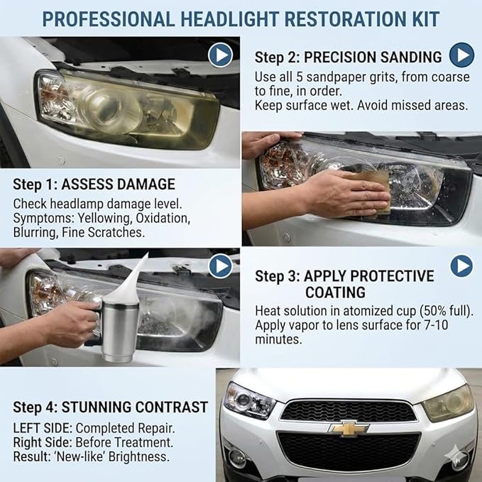Car Headlight Lens Polish & Scratch Repair Kit, Automotive Headlamp Clarifying Tool with Atomizing Cup, 12V Power Cord and Sa