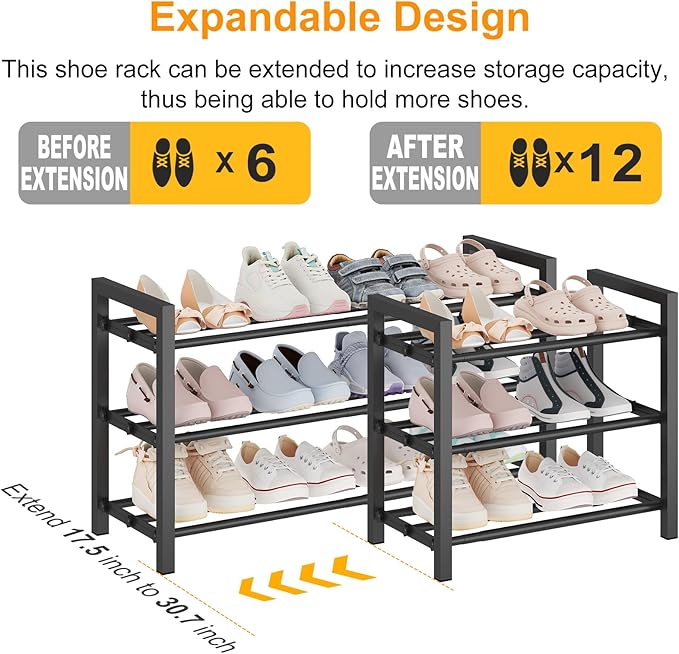 Detsuk 3-Tier Expandable Shoe Rack – Adjustable Heavy-Duty Metal Shoe Organizer Shelf for Closet, Entryway, Mudroom & Garage 