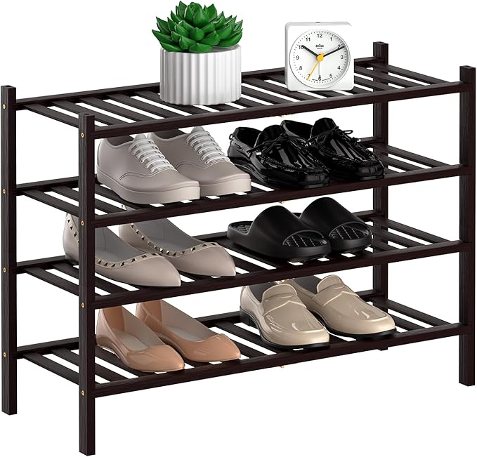 RONGJlA 4 Tier Bamboo Shoe Rack for Closet Free Standing Wood Shoe Shelf Storage Organizer for Entryway Small Space Stackable