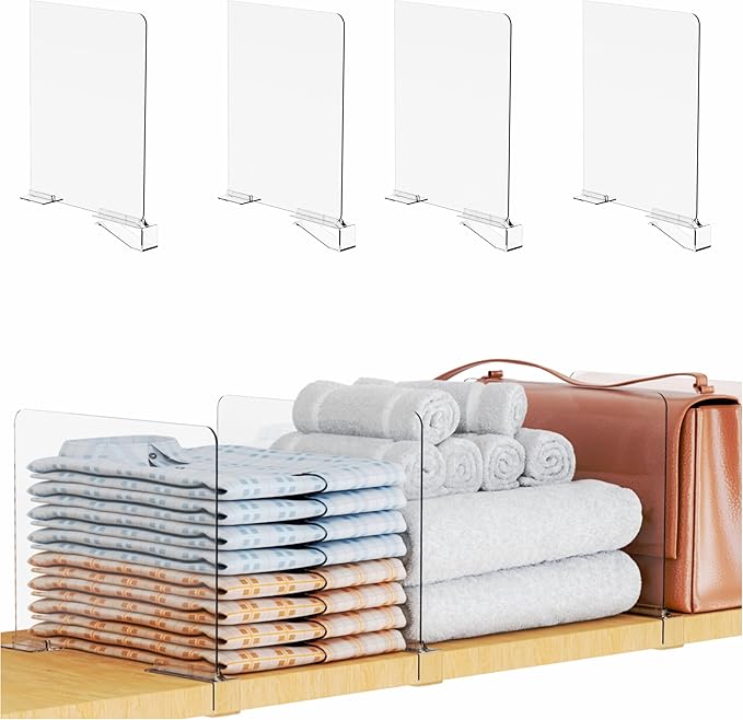 Yieach Adjustable Height Clear Shelf Dividers,4 Pack Acrylic Closet Shelf Dividers for Organization,11.1 Inch Tall Vertical P
