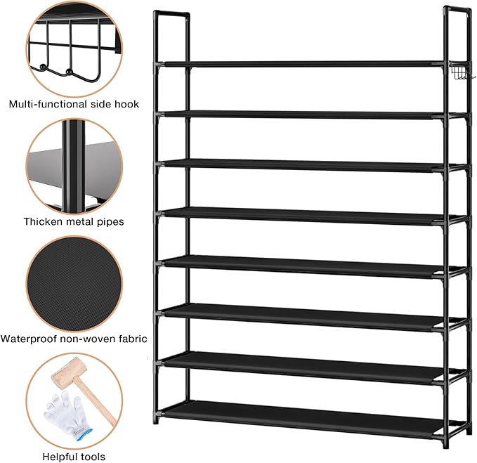 OYREL 8 Tier Shoe Organizer, 33.3in Wide x 11.2in Deep x 55.7in Tall, Black Metal and Plastic Shoe Rack, Holds up to 32-40 Pa