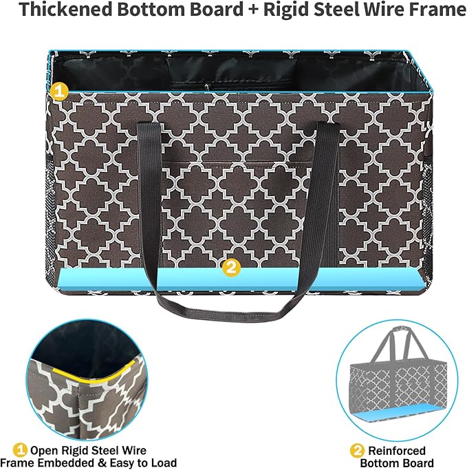 GhvyenntteS Extra Large Utility Tote Bag - Stand Up Utility Tote with Metal Wire Frame & Hard Bottom Board, Reusable Grocery Bags With Handles for Storage, Picnics, Beach, Pool, Laundry, Car, Camping
